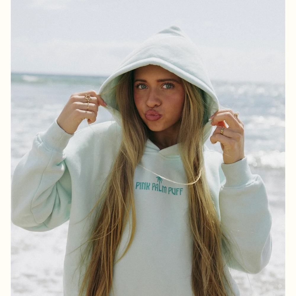 Pink Palm Puff Classic Hoodie in Mint Breeze Small